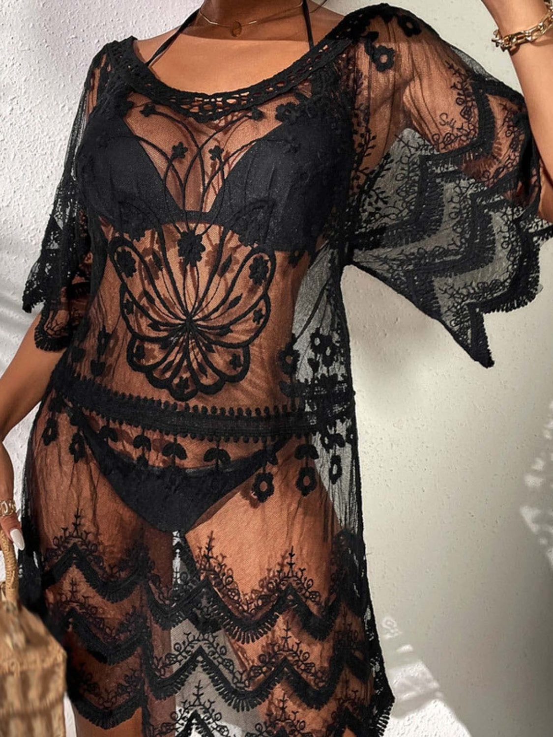 Sunset Vacation  Lace Round Neck Half Sleeve Beach Cover Up Sunset and Swim   