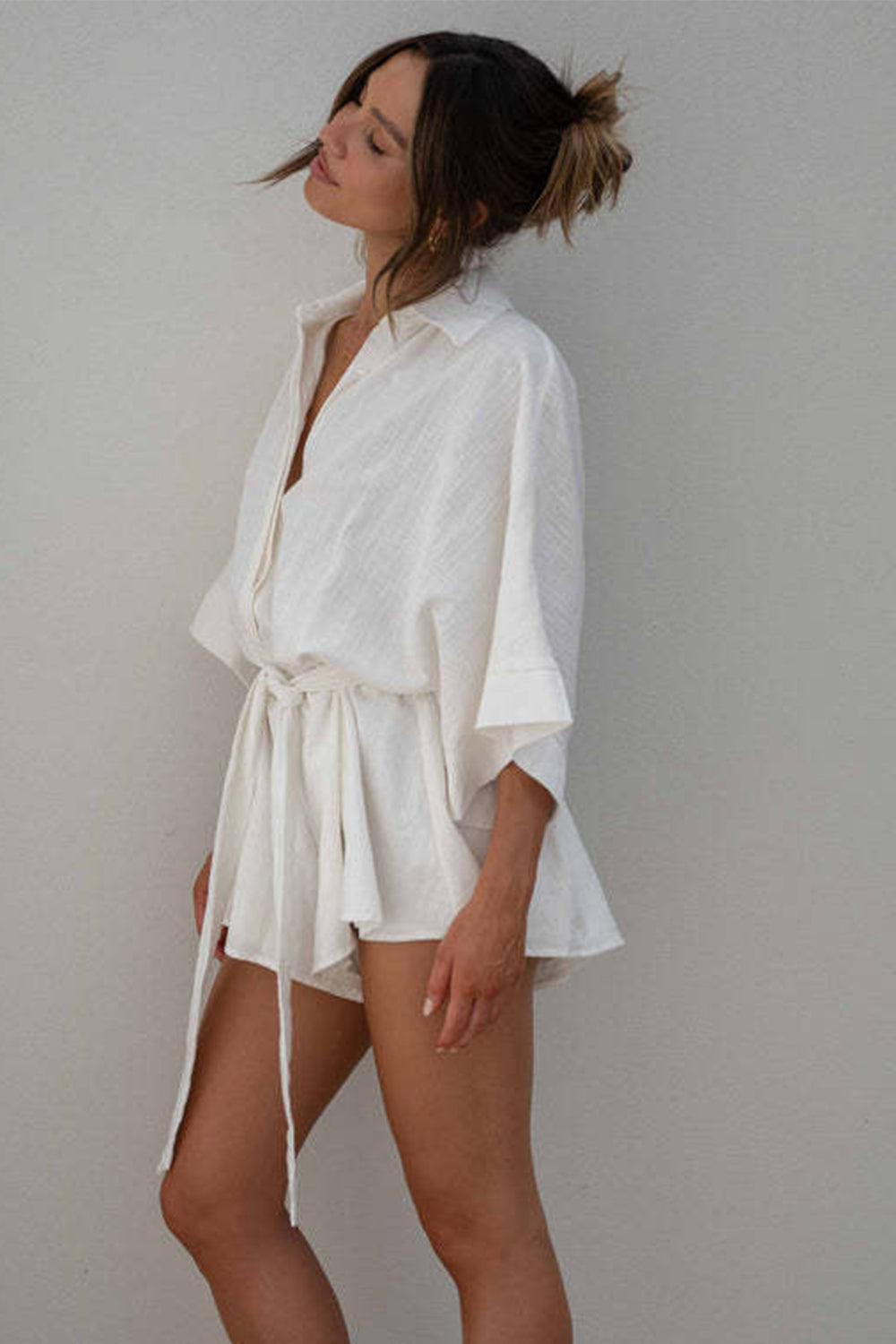 Tied Button Up Collared Neck Romper Sunset and Swim   