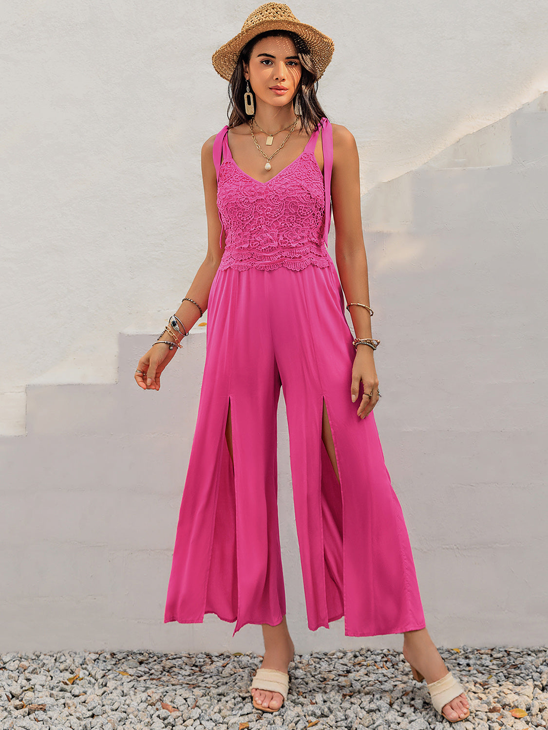 V-Neck Wide Strap Slit Jumpsuit Sunset and Swim   