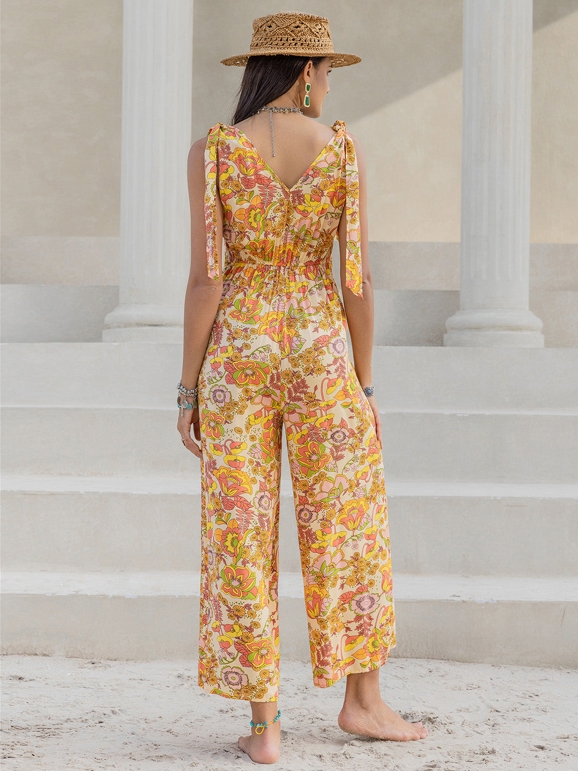 Printed V-Neck Tie Shoulder Jumpsuit Sunset and Swim   