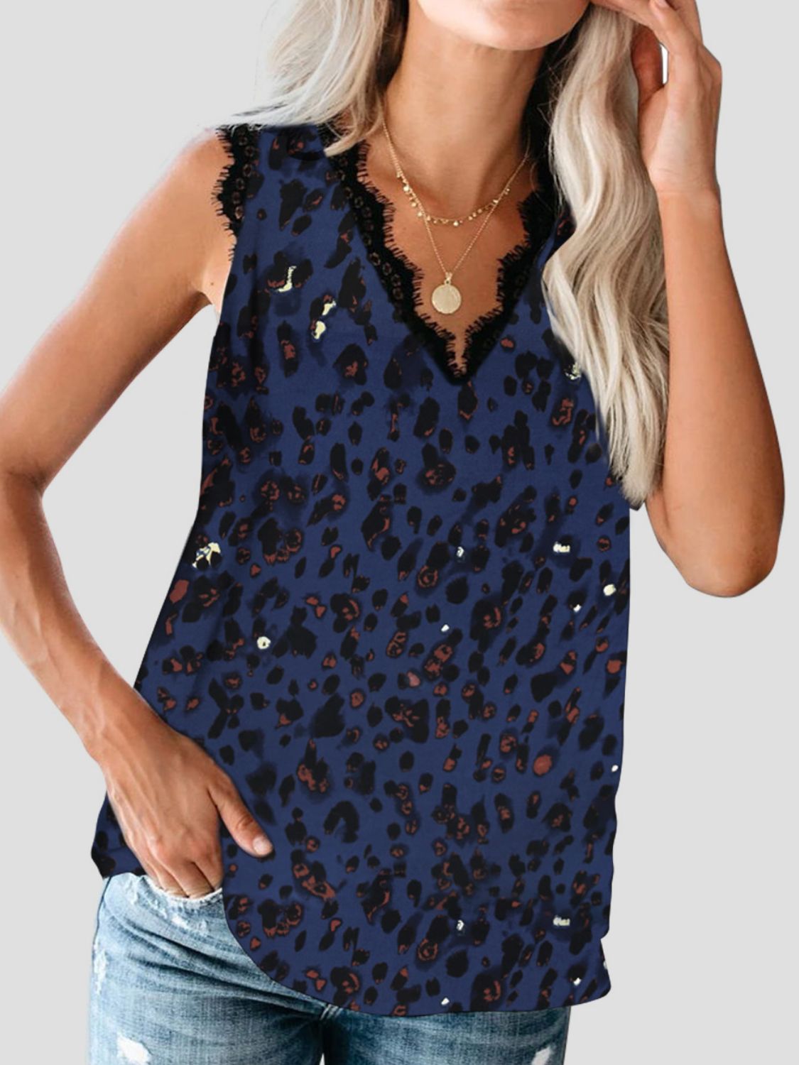 Sunset Vacation Lace Detail V-Neck Tank Sunset and Swim Dark Blue S 