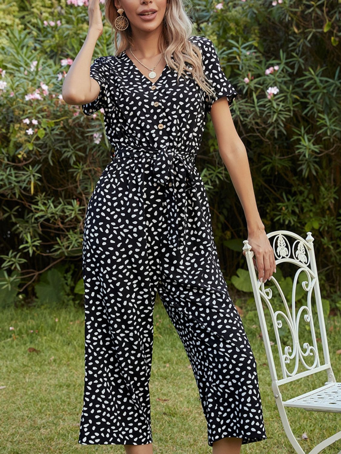 Printed V-Neck Short Sleeve Jumpsuit Sunset and Swim Black S 