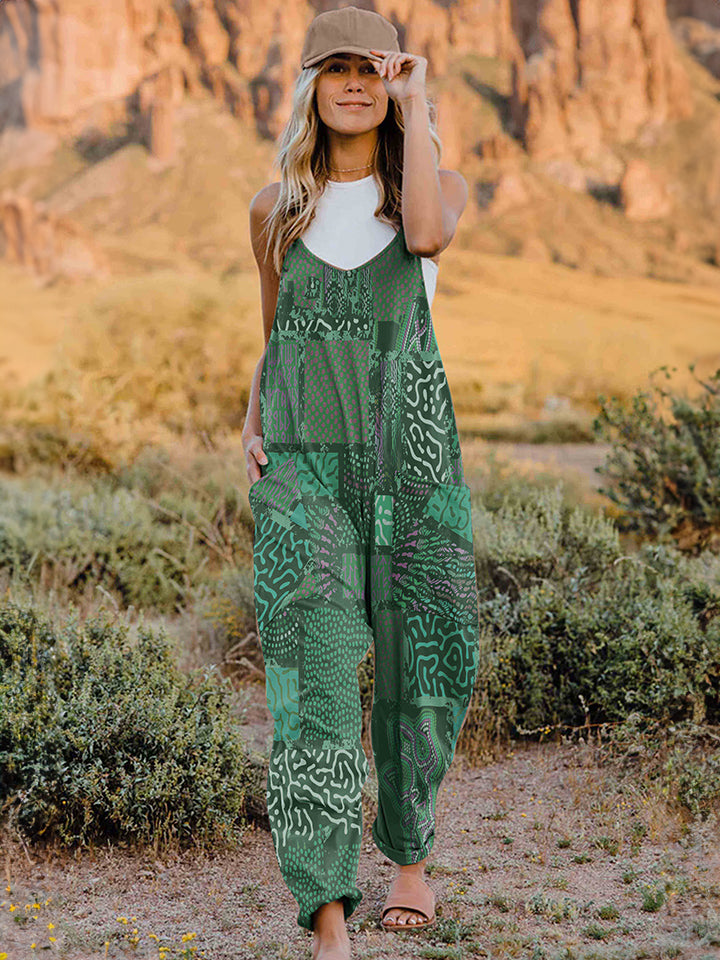 Full Size Printed V-Neck Sleeveless Jumpsuit  Sunset and Swim Mid Green S 