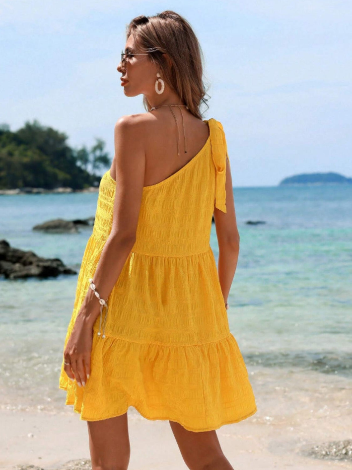 Sunset Vacation Tied Single Shoulder Mini Dress Sunset and Swim   