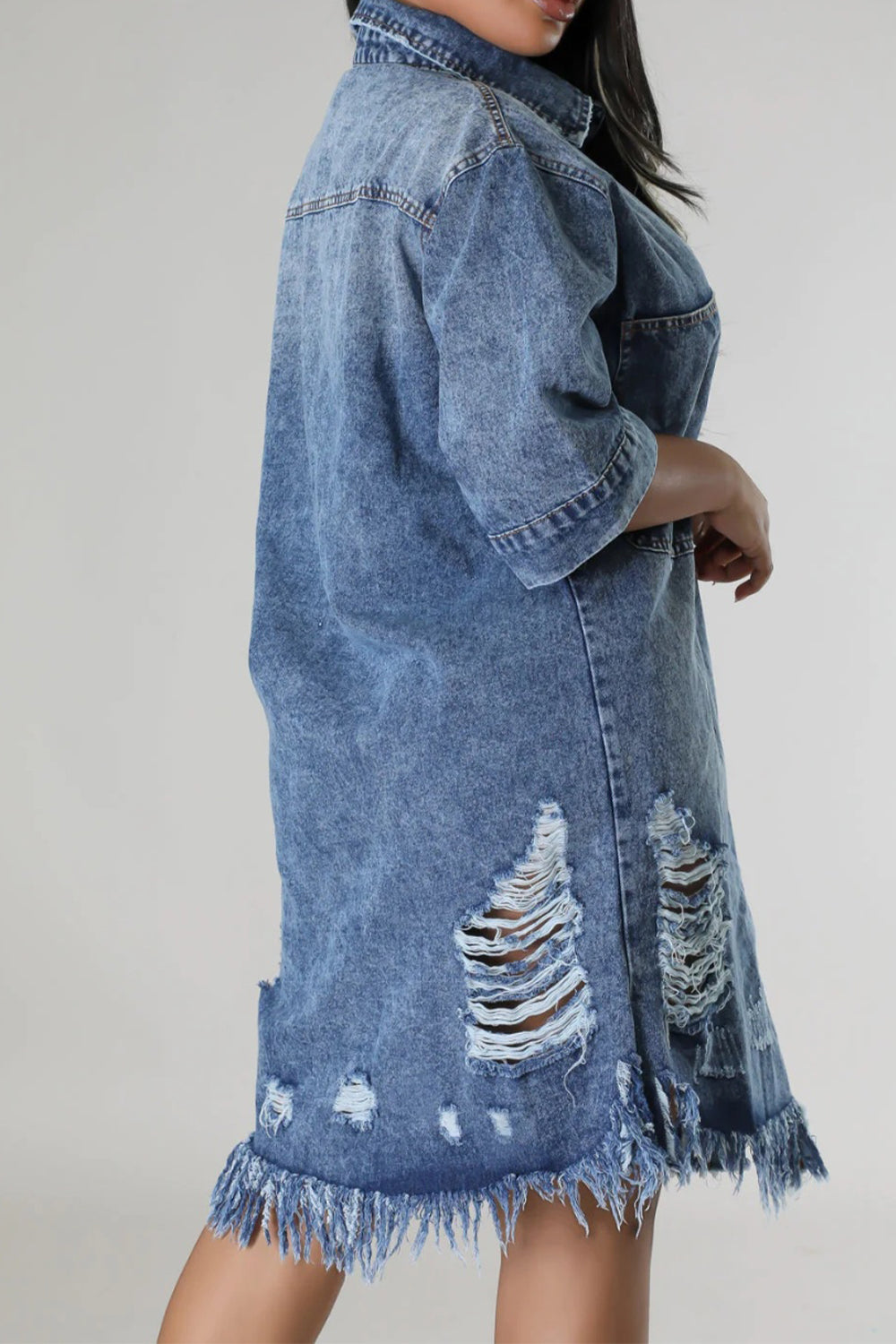 Sunset Vacation  Distressed Raw Hem Button Up Denim Dress Sunset and Swim   