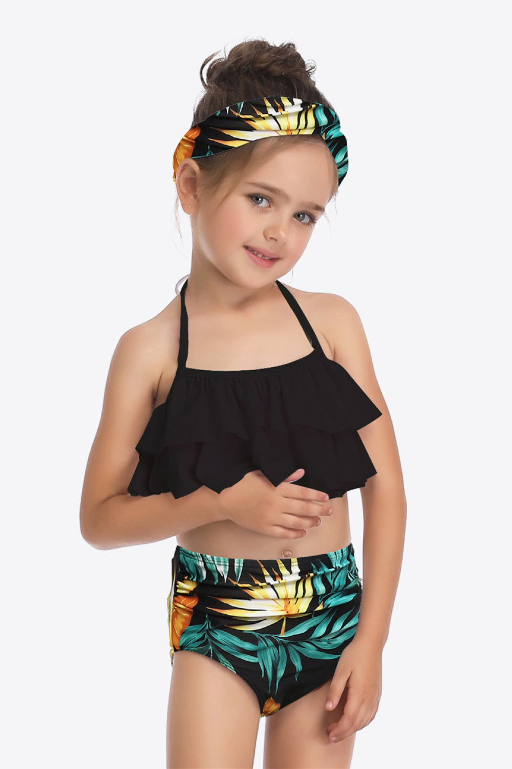 Sunset Vacation  Printed Layered Halter Neck Two-Piece Swim Set I Kids Swimwear  Sunset and Swim Black/Green 4T 