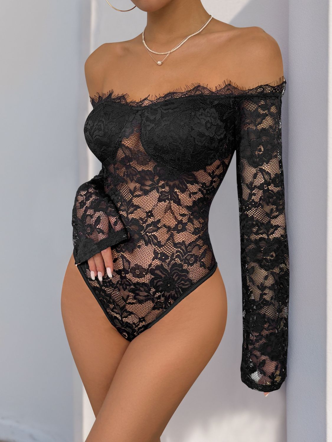 Perfee Lace Off-Shoulder Long Sleeve Bodysuit Sunset and Swim   