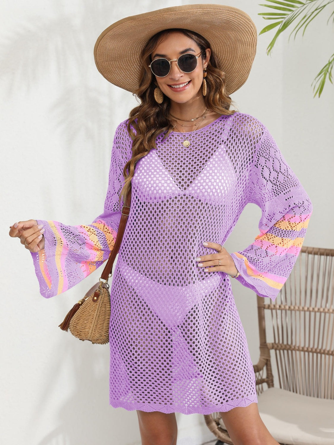 Sunset Vacation  Openwork Contrast Long Sleeve Cover-Up Sunset and Swim   