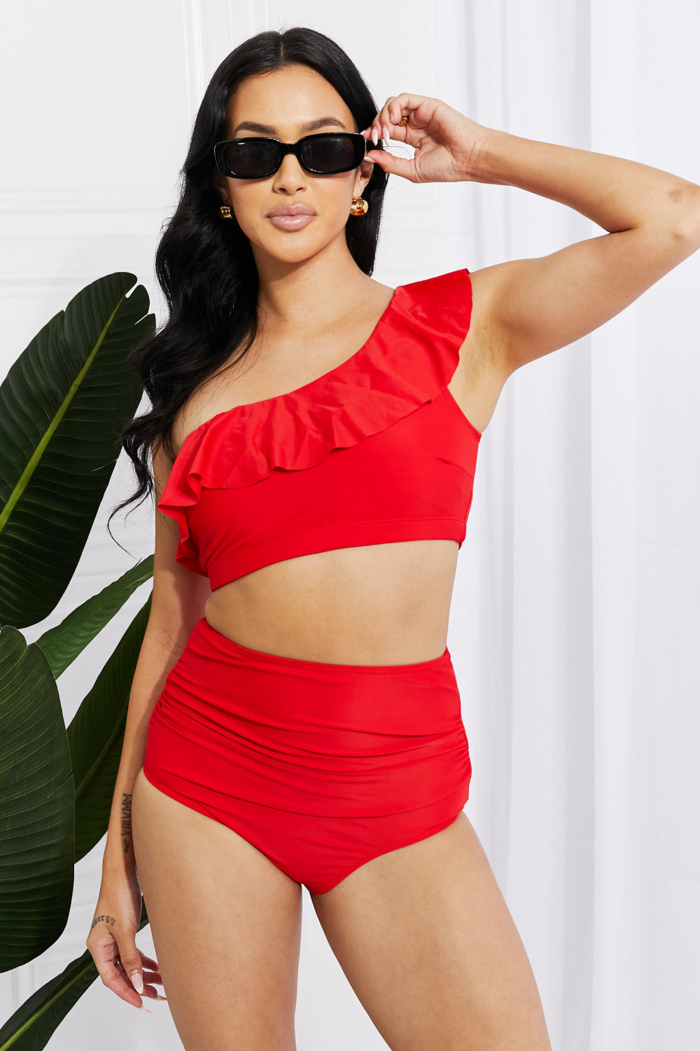 Marina West Swim Seaside Romance Ruffle One-Shoulder Bikini in Red  Sunset and Swim   