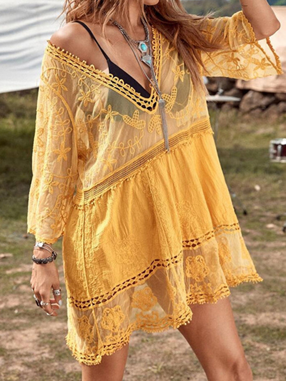 Sunset Vacation  Lace Detail Plunge Cover-Up Dress  Sunset and Swim Mustard One Size 