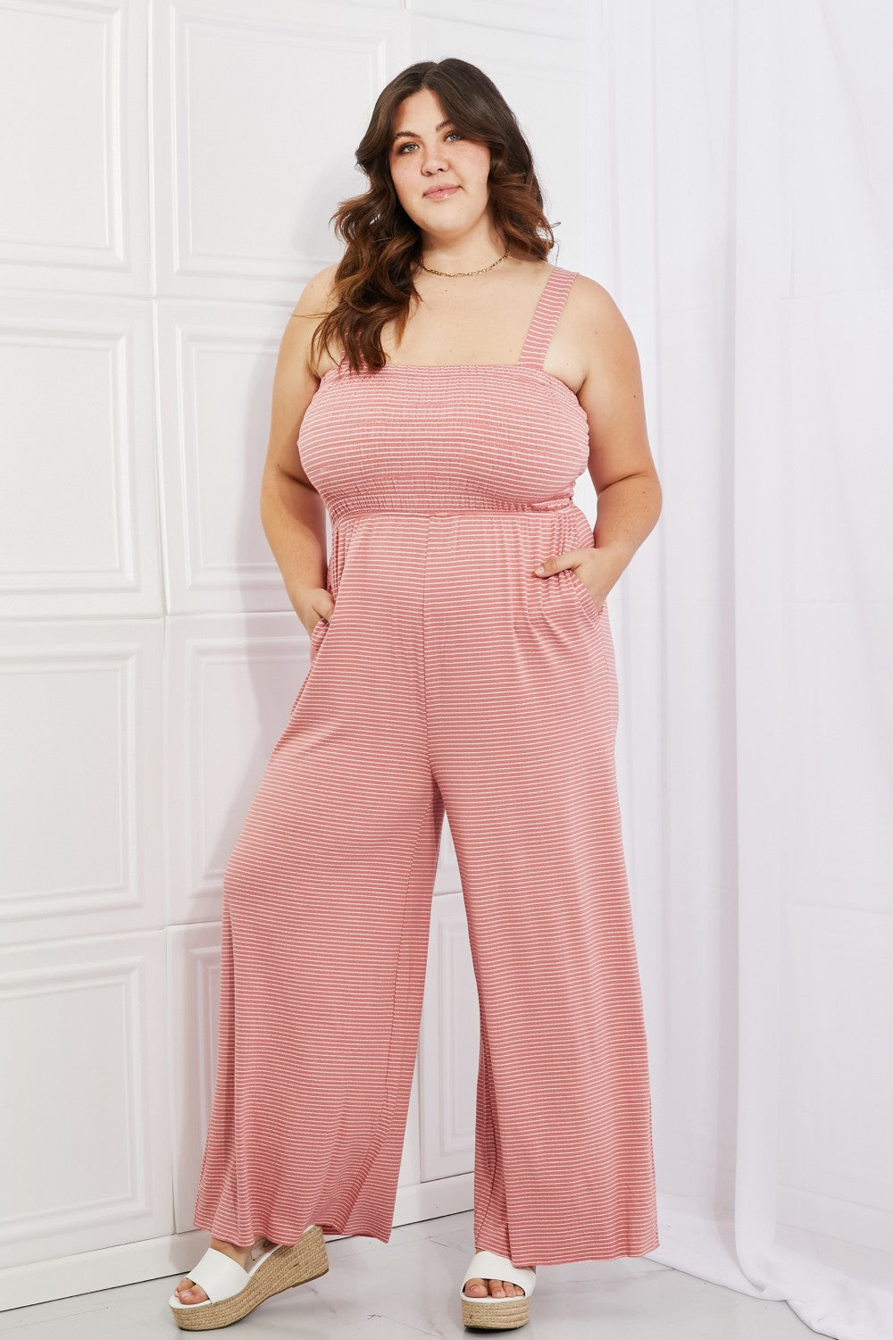 Zenana Only Exception Plus Size Striped Jumpsuit Sunset and Swim   