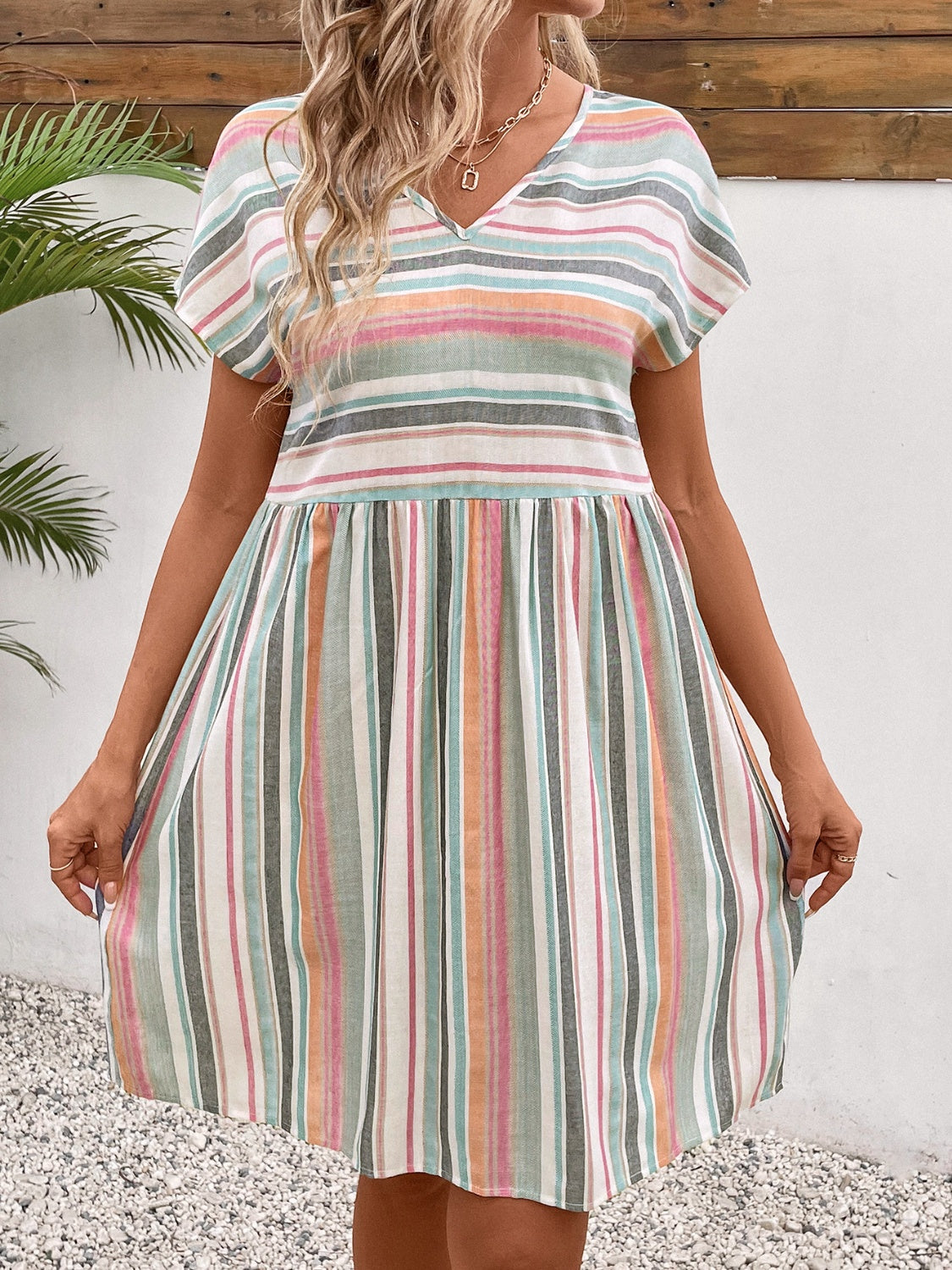 Sunset and Swim  Striped V-Neck Short Sleeve Dress Sunset and Swim   