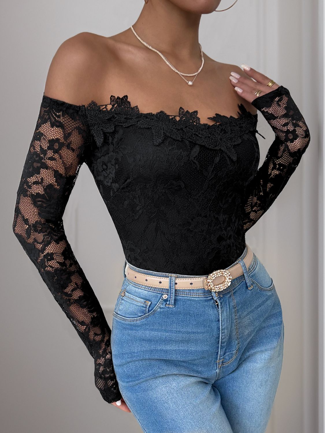 Perfee Lace Off-Shoulder Long Sleeve Bodysuit Sunset and Swim   