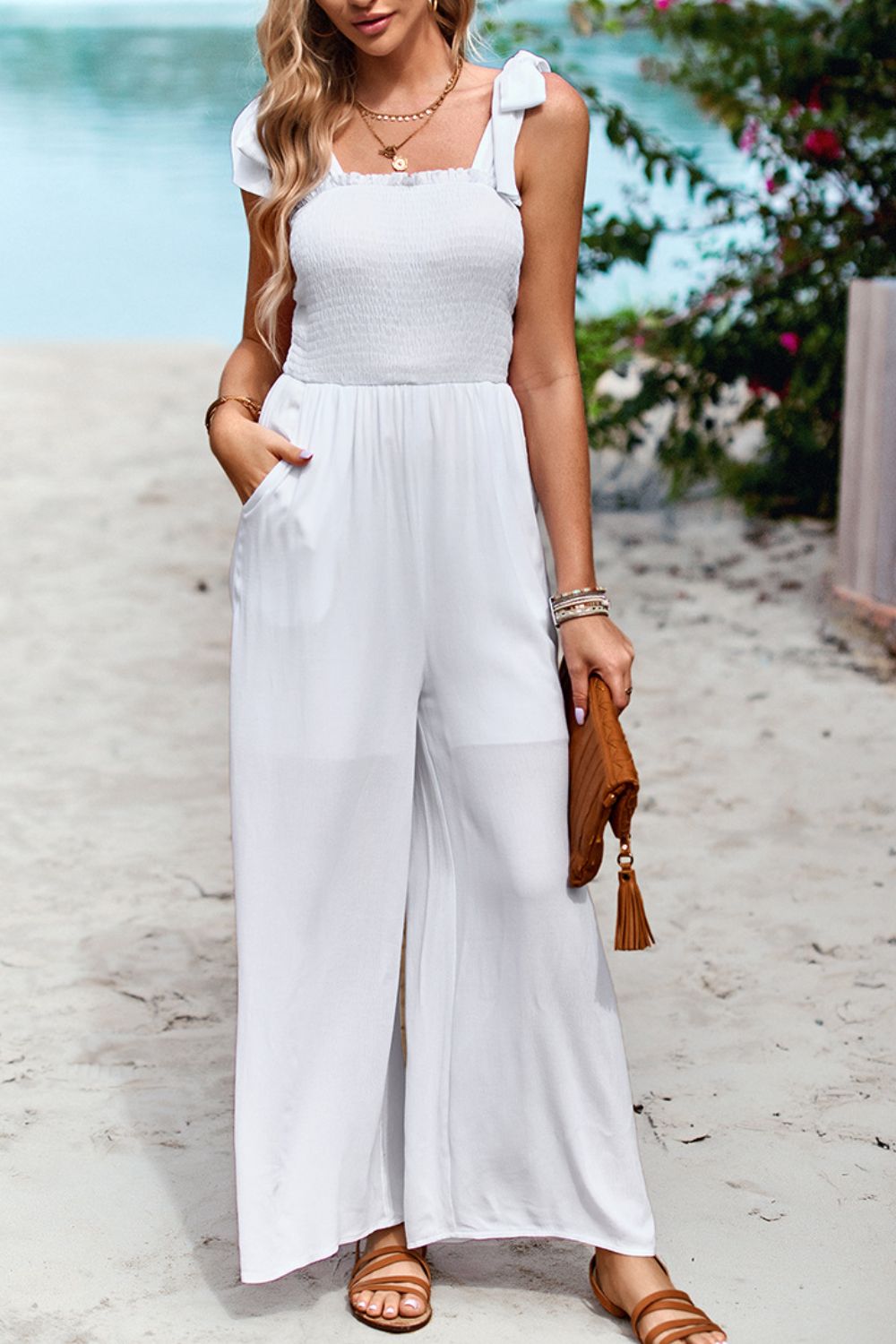 Sunset and Swim Frill Trim Tie Shoulder Wide Leg Jumpsuit with Pockets Sunset and Swim   