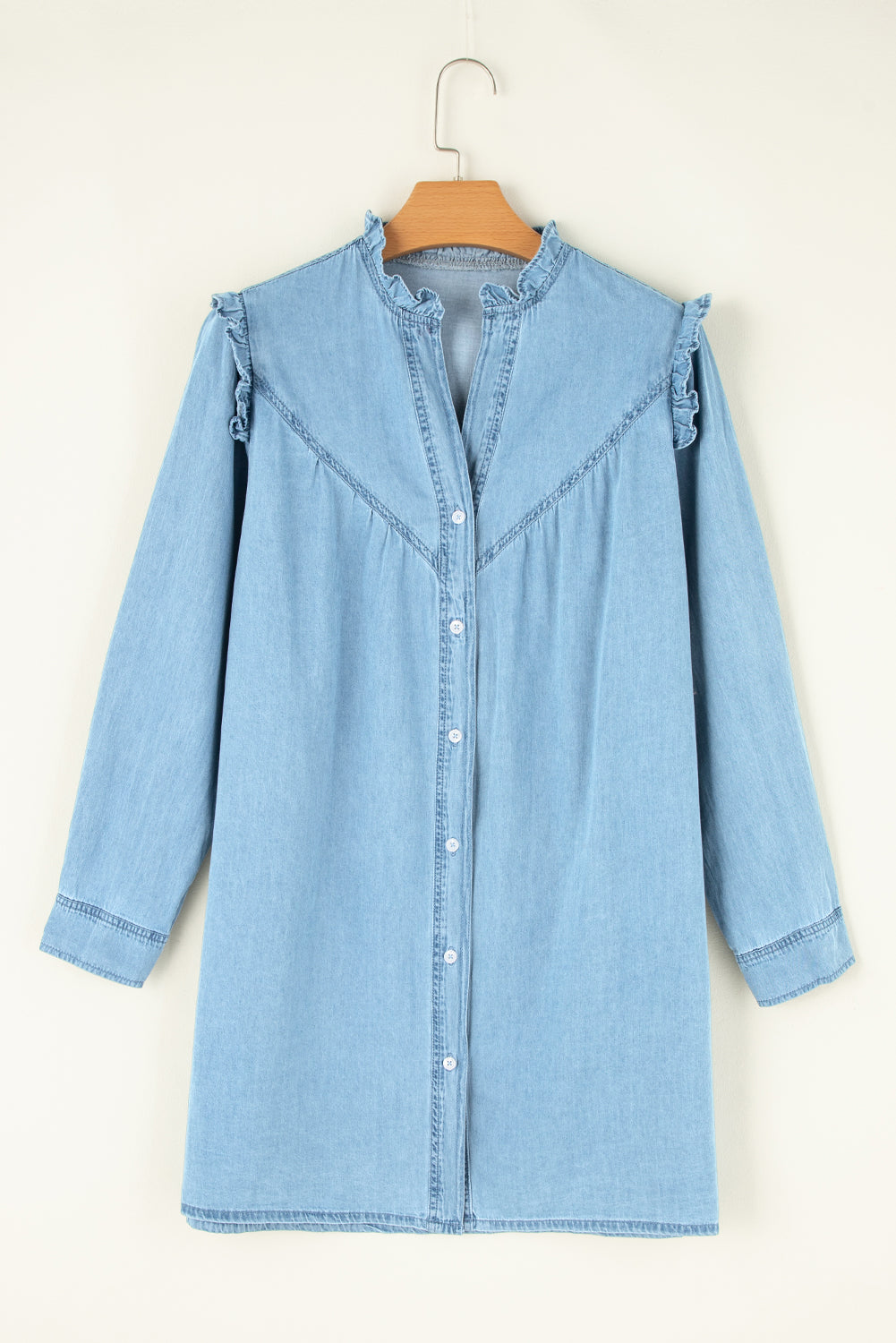 Button Up Notched Long Sleeve Denim Dress Sunset and Swim   