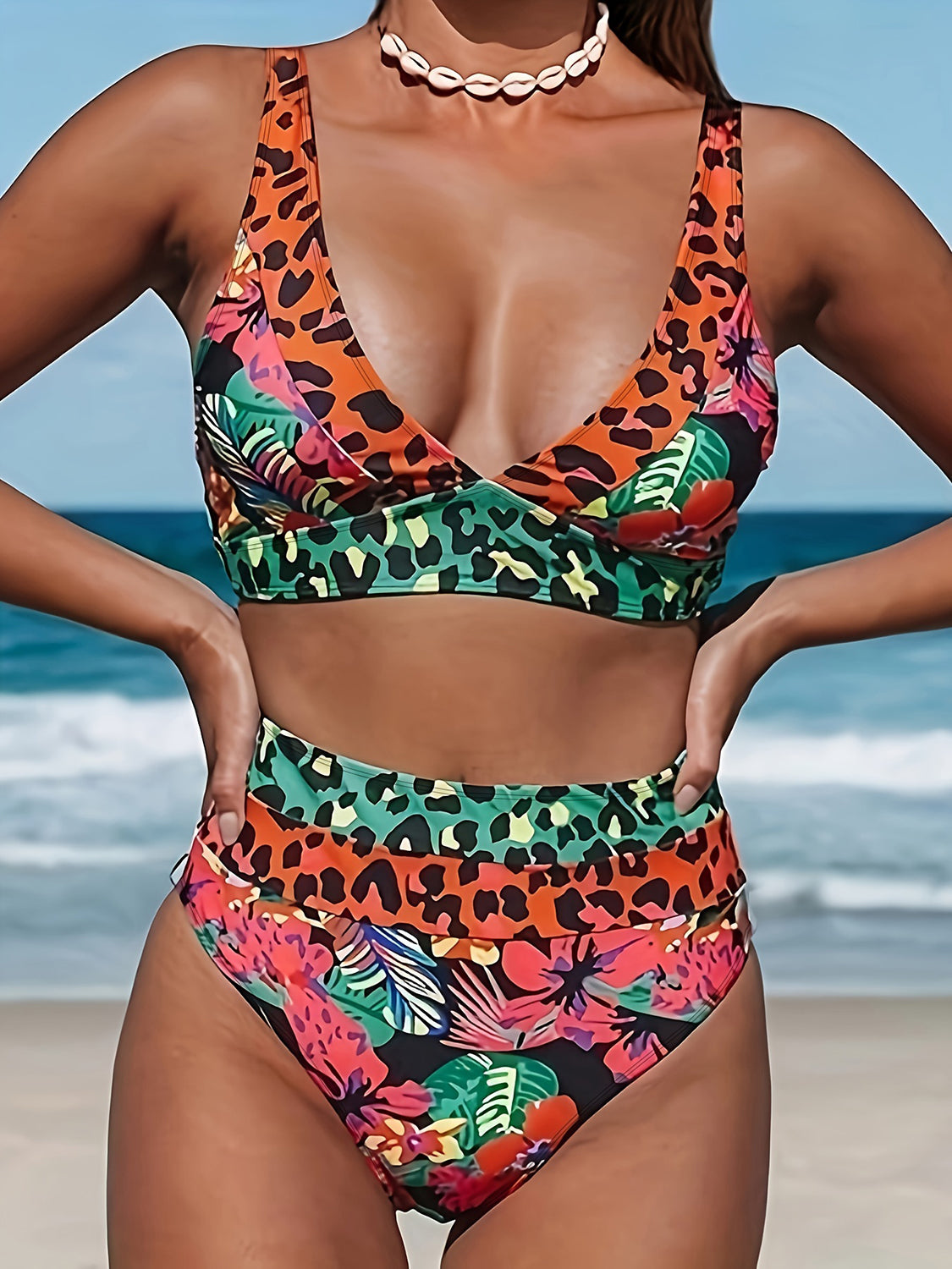 Sunset Vacation Leopard Plunge Wide Strap Two-Piece Swim Set Sunset and Swim   