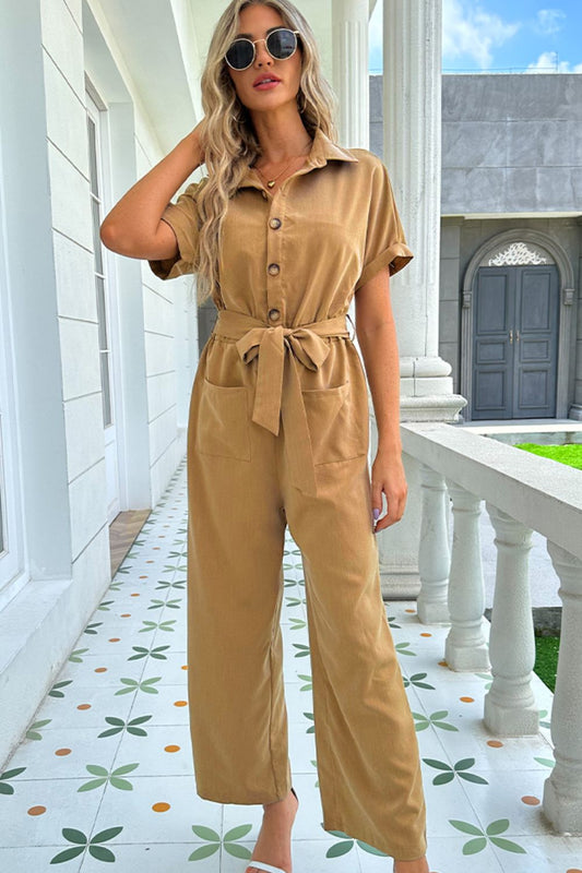 Tie Belt Buttoned Short Sleeve Collared Neck Jumpsuit  Sunset and Swim Honey XS 
