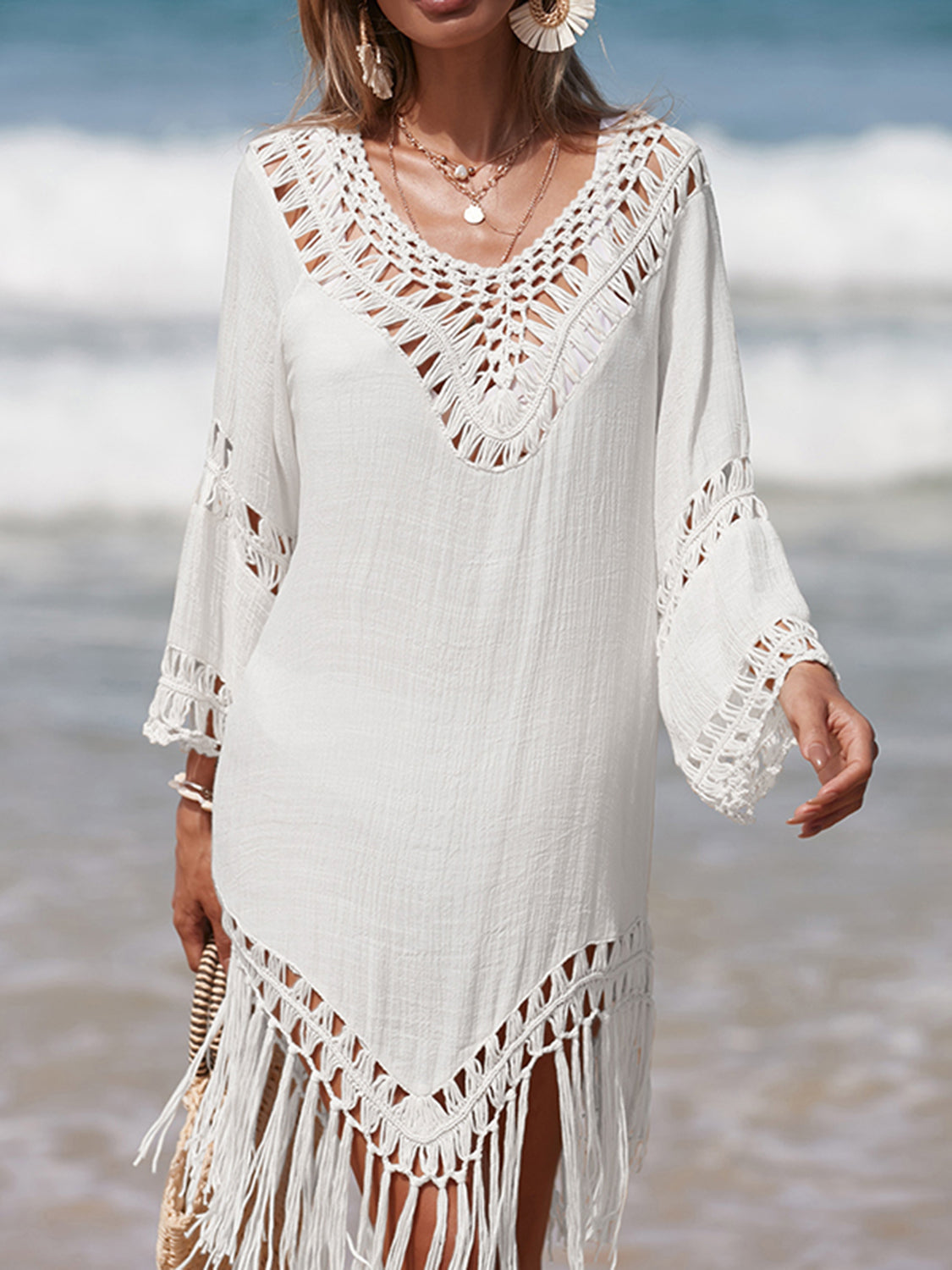 Sunset Vacation  Cutout Fringe Scoop Neck Beach Cover Up Sunset and Swim   
