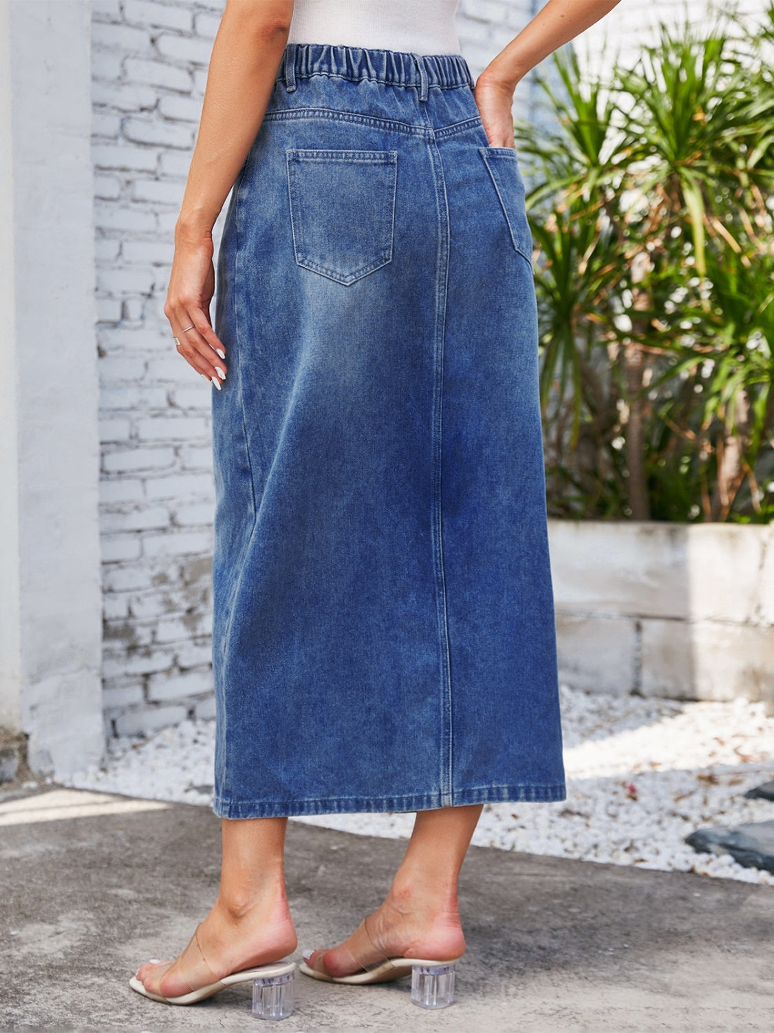 Slit Midi Denim Skirt with Pockets Sunset and Swim   