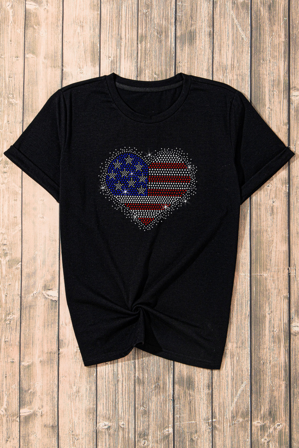American Flag Rhinestone Heart Round Neck Short Sleeve T-Shirt Sunset and Swim   