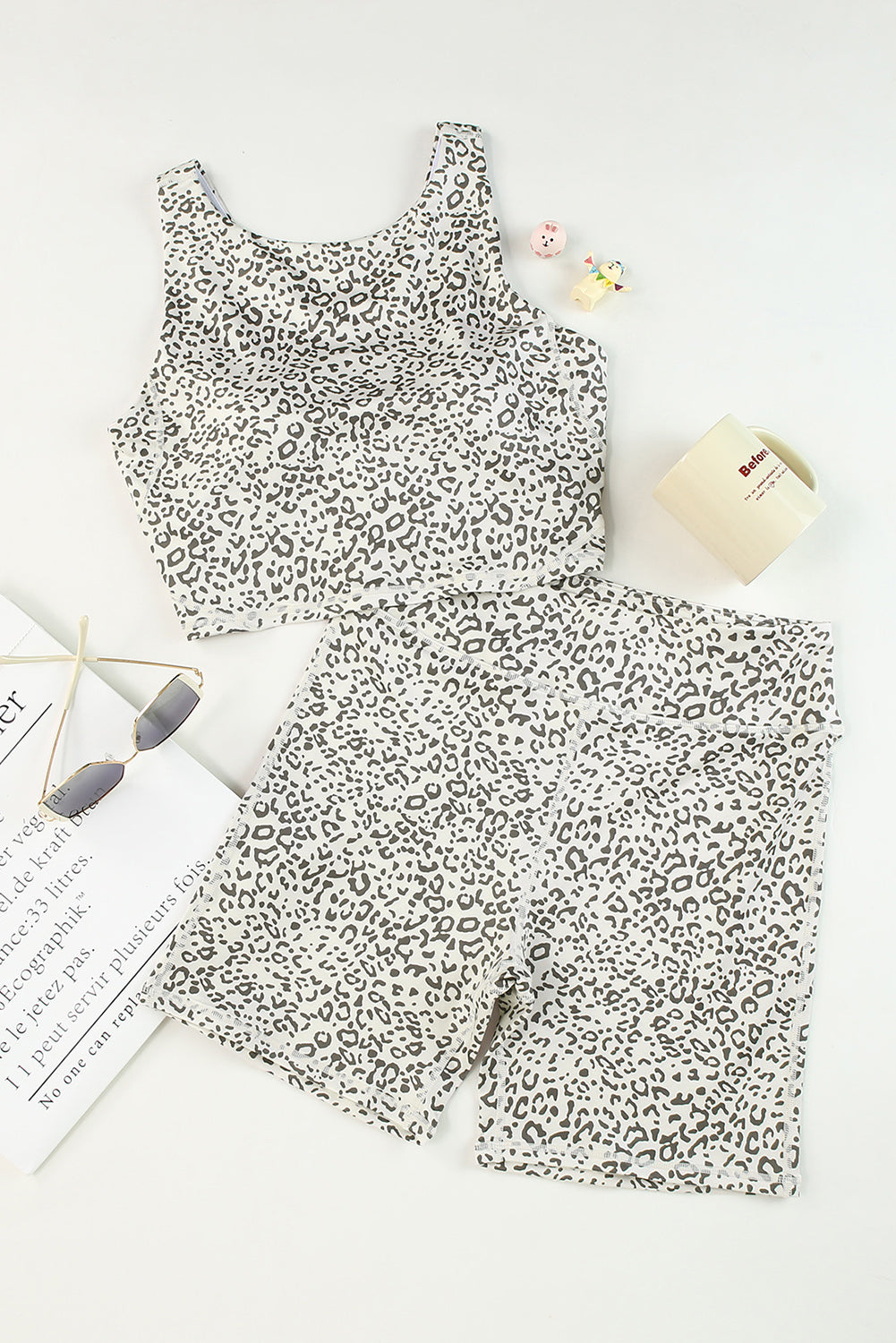 Leopard Round Neck Wide Strap Top and Shorts Set Sunset and Swim   