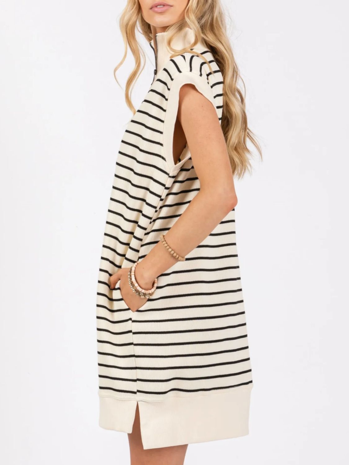 Sunset Vacation Full Size Pocketed Striped Quarter Zip Cap Sleeve Dress Sunset and Swim   