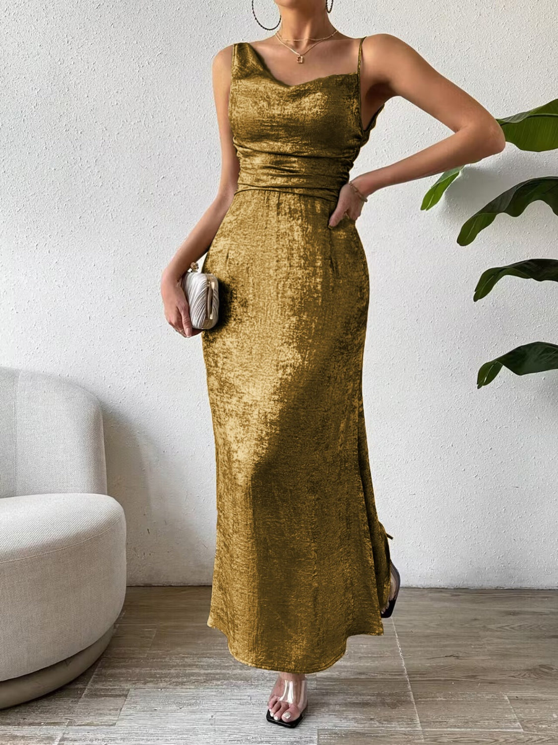 Asymmetric Neck Sleeveless Midi Dress Sunset and Swim   