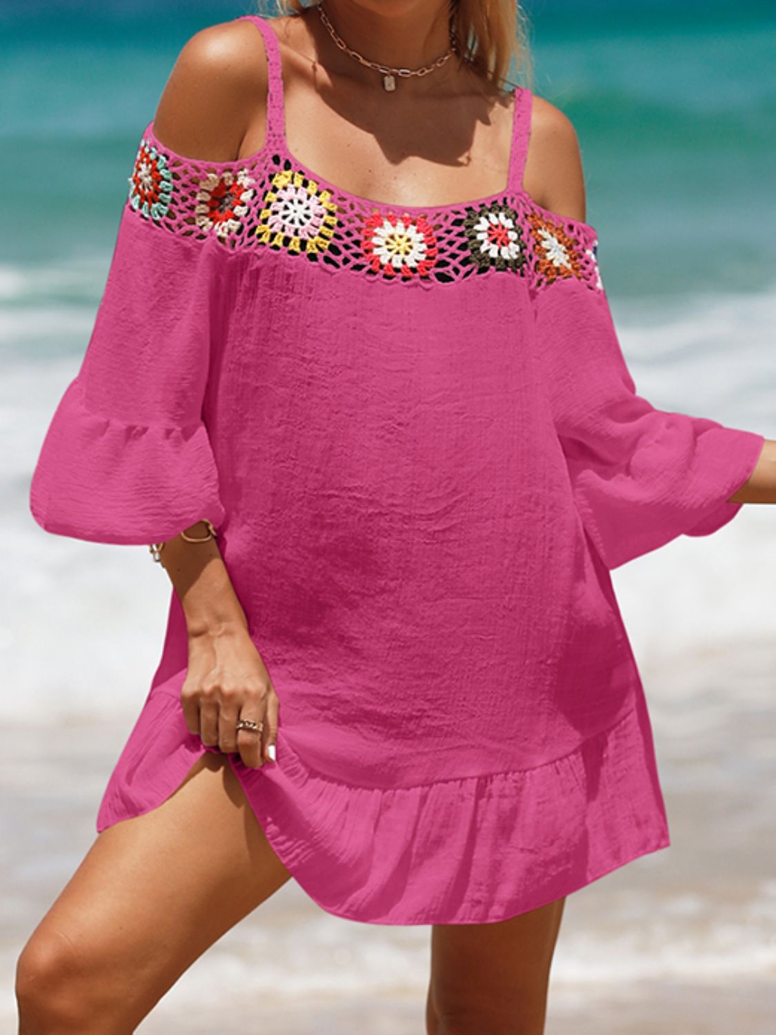 Sunset Vacation  Crochet Cold Shoulder Three-Quarter Sleeve Beach Cover Up Sunset and Swim Hot Pink One Size 