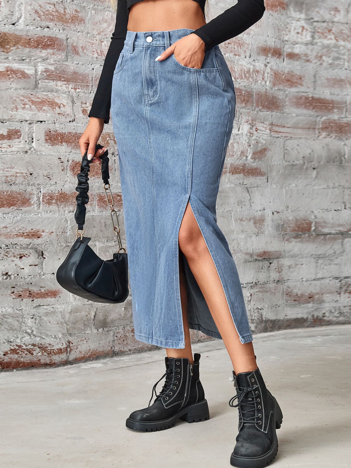 Slit High Waist Denim Skirt with Pockets Sunset and Swim   