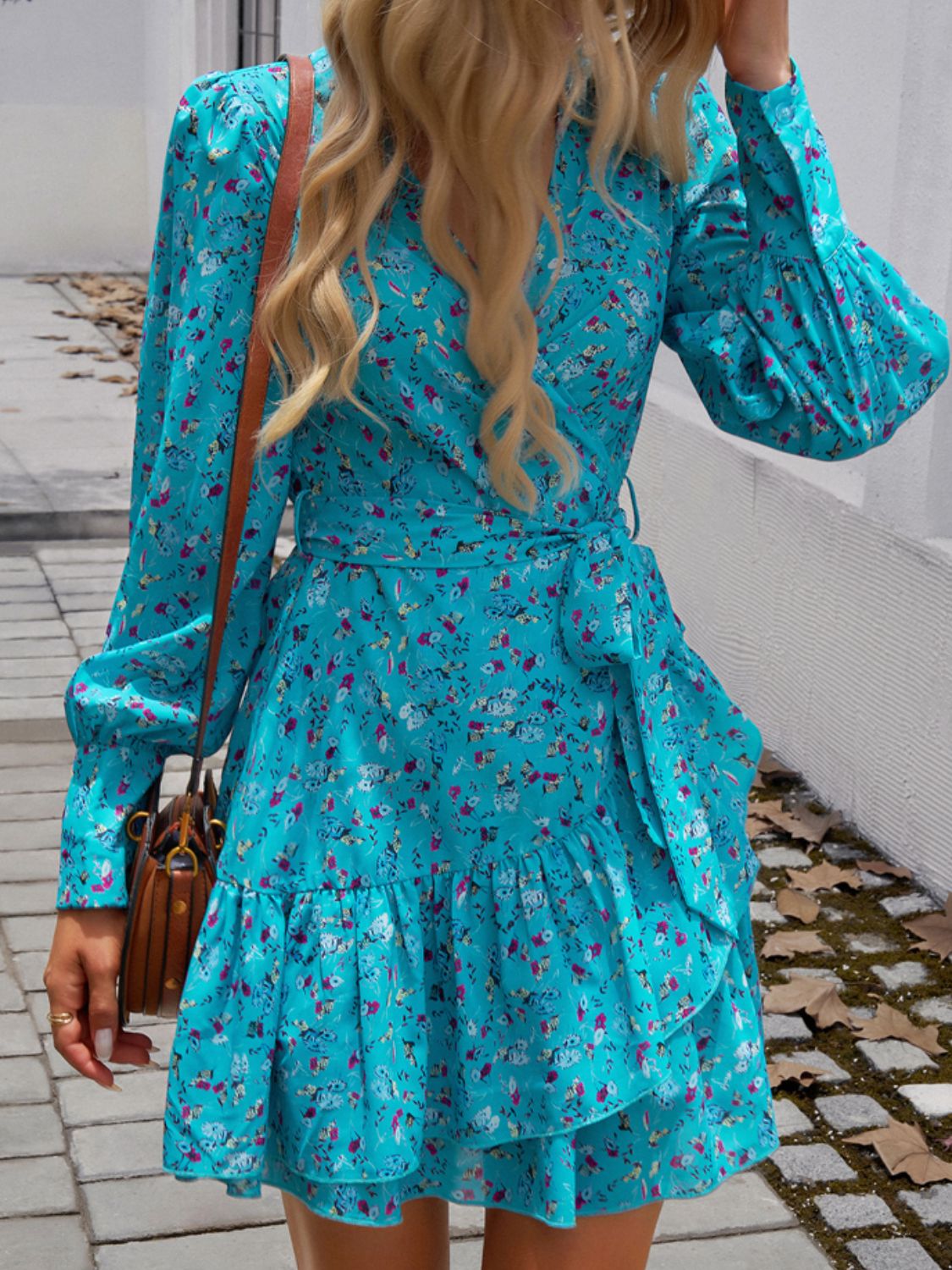 Ruffled Printed Surplice Long Sleeve Mini Dress Sunset and Swim   