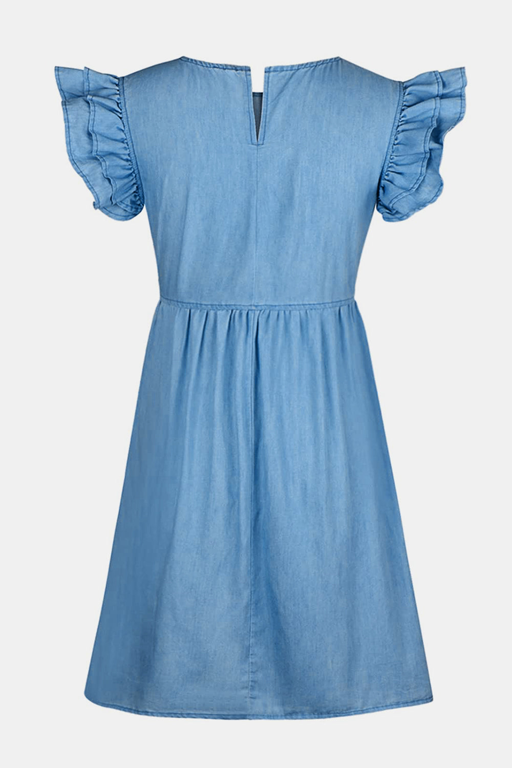 Full Size Ruffled Round Neck Cap Sleeve Denim Dress  Sunset and Swim   