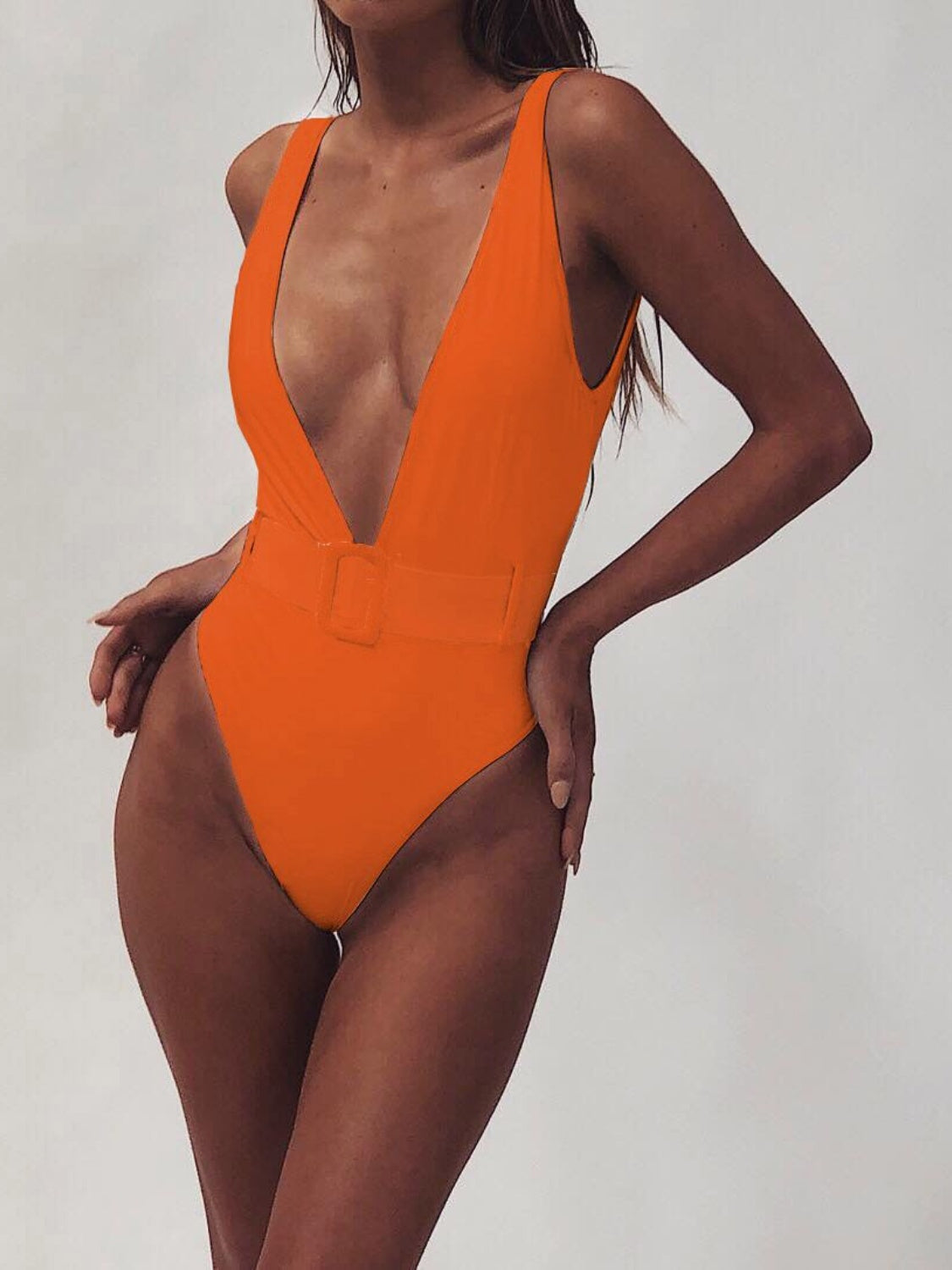 Sunset Vacation  Plunge Wide Strap Sleeveless One-Piece Swimwear Sunset and Swim Orange S 