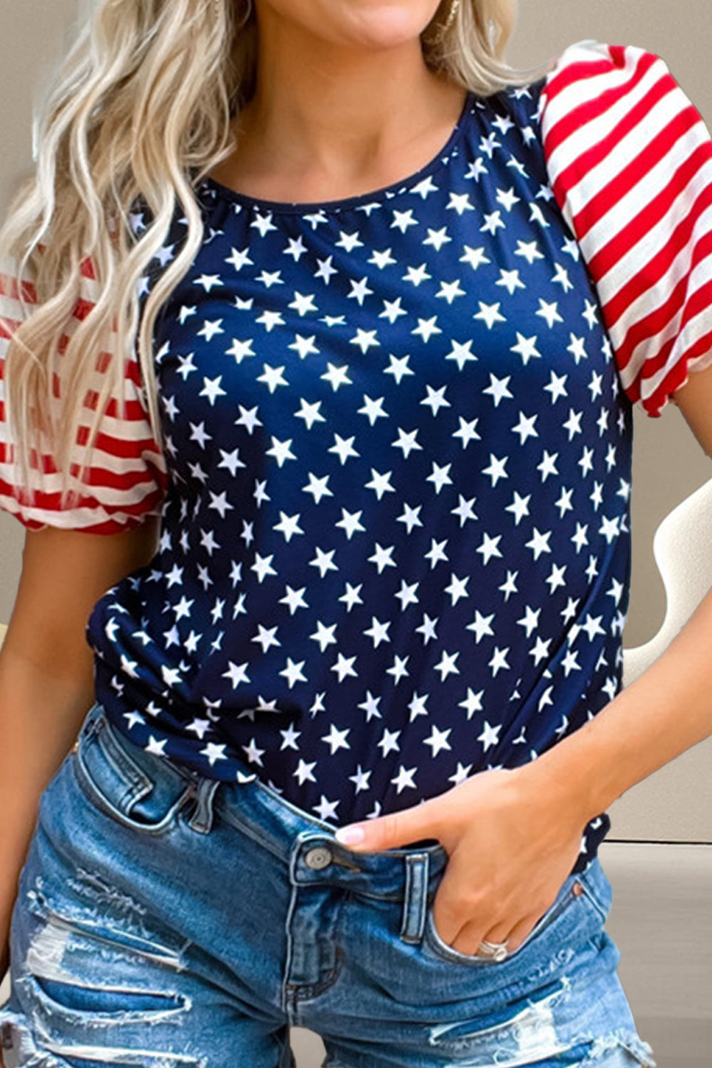 Stars and Stripes Round Neck Short Sleeve Top Sunset and Swim Navy S 