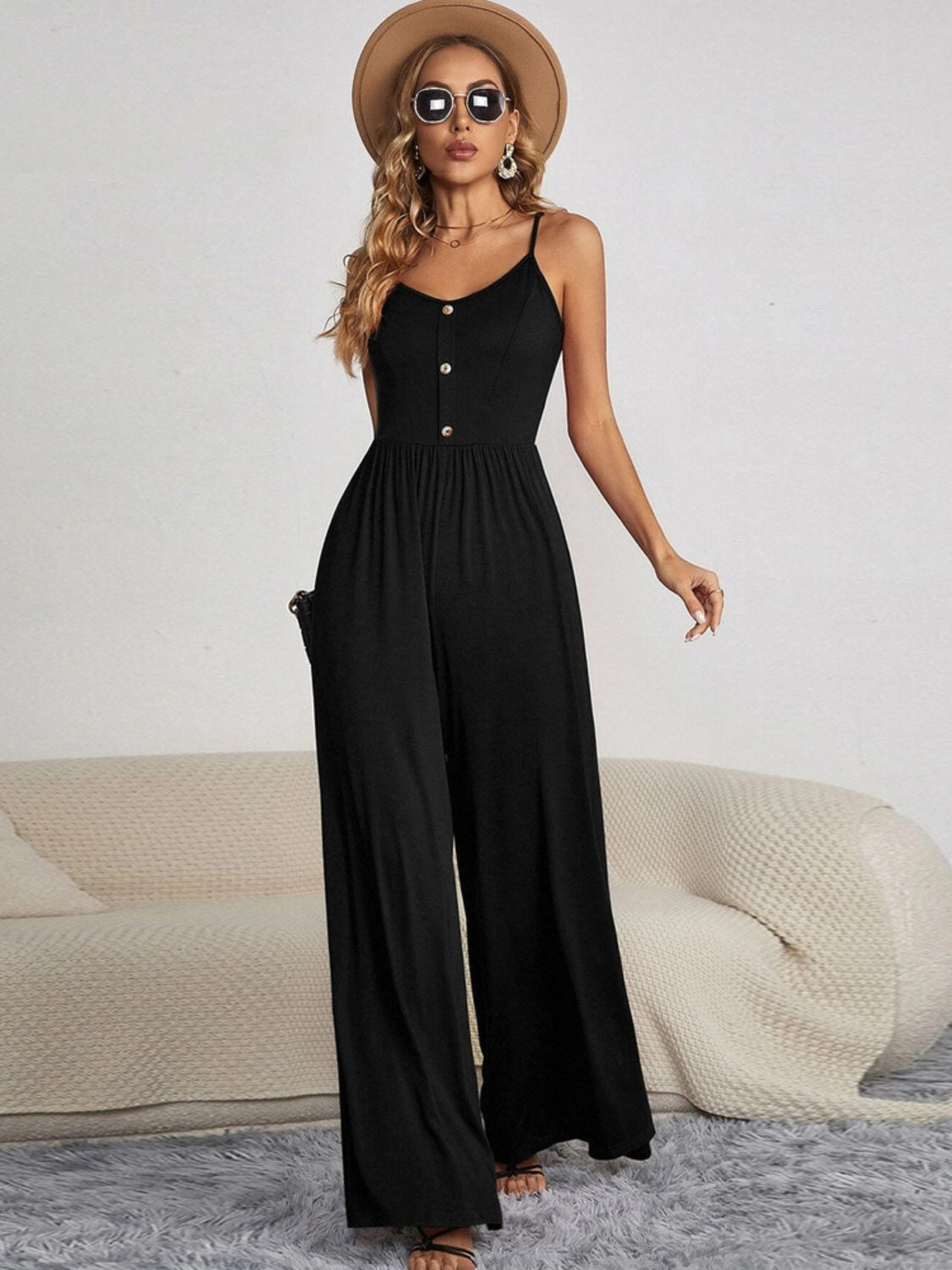 Sunset and Swim  Decorative Button Spaghetti Strap Wide Leg Jumpsuit Sunset and Swim Black S 