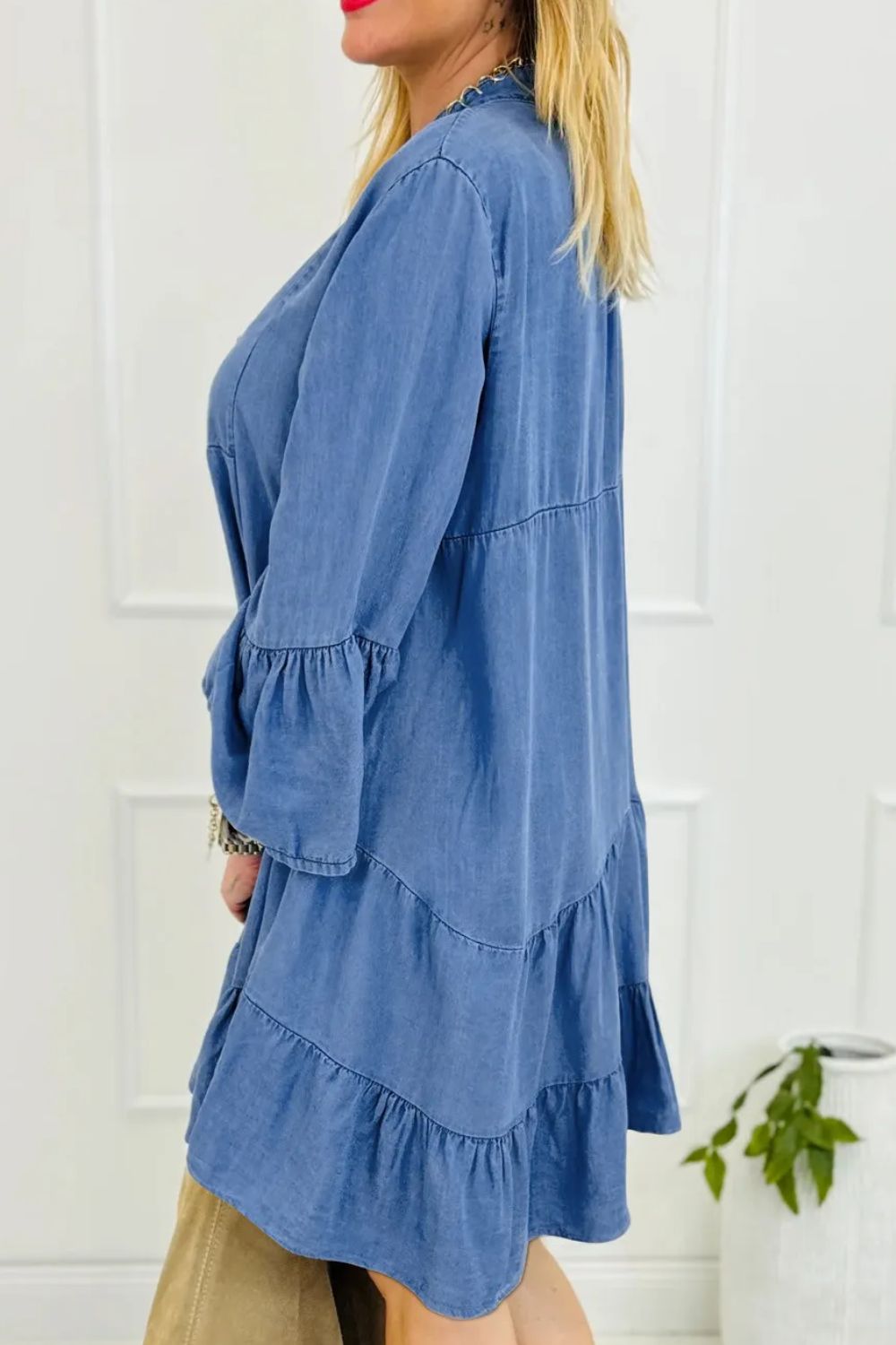 Notched Flare Sleeve Denim Dress Sunset and Swim   