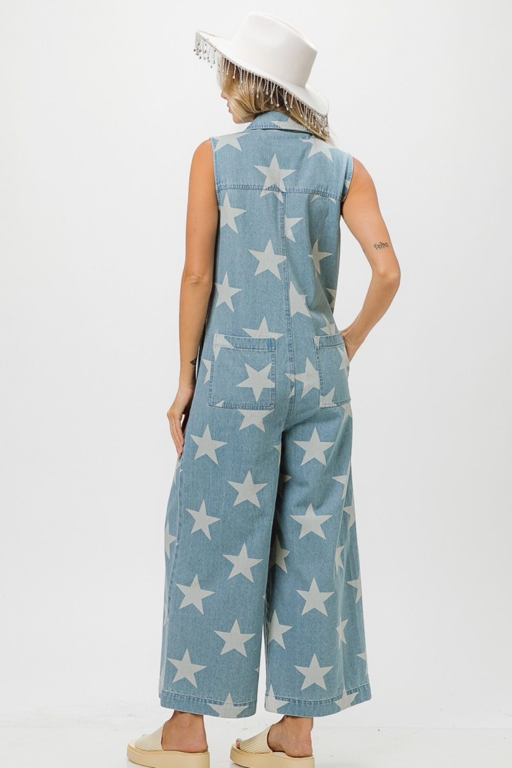 BiBi Star Print Half Zip Sleeveless Denim Jumpsuit Sunset and Swim   