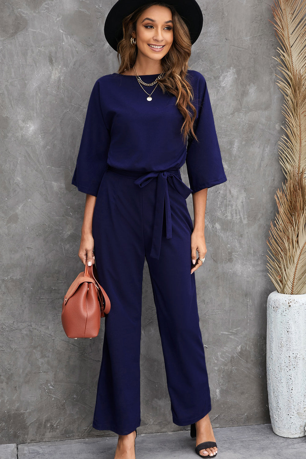 Belted Three-Quarter Sleeve Jumpsuit Sunset and Swim Blue S 