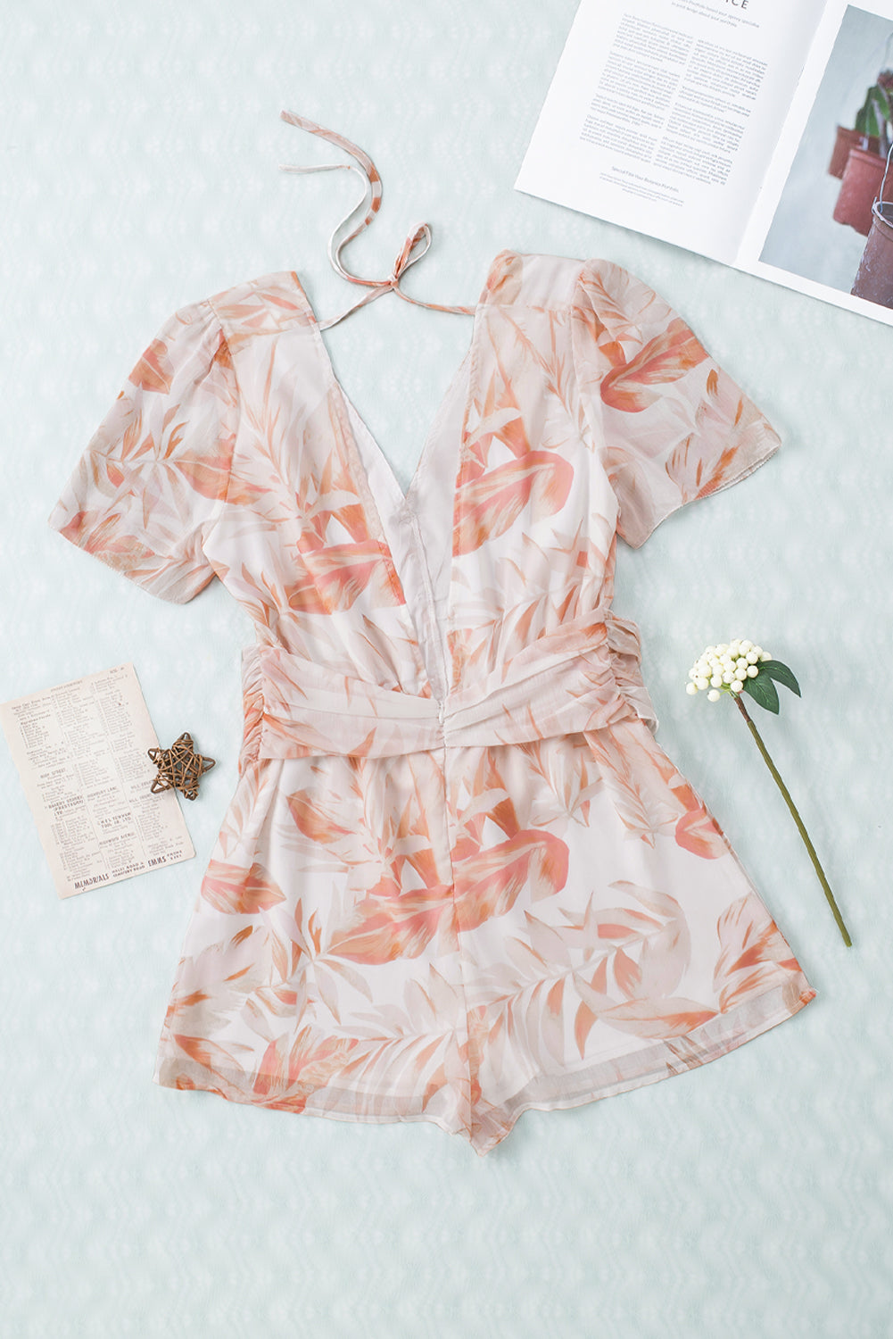 Printed Short Sleeve Tie Front Romper  Sunset and Swim   