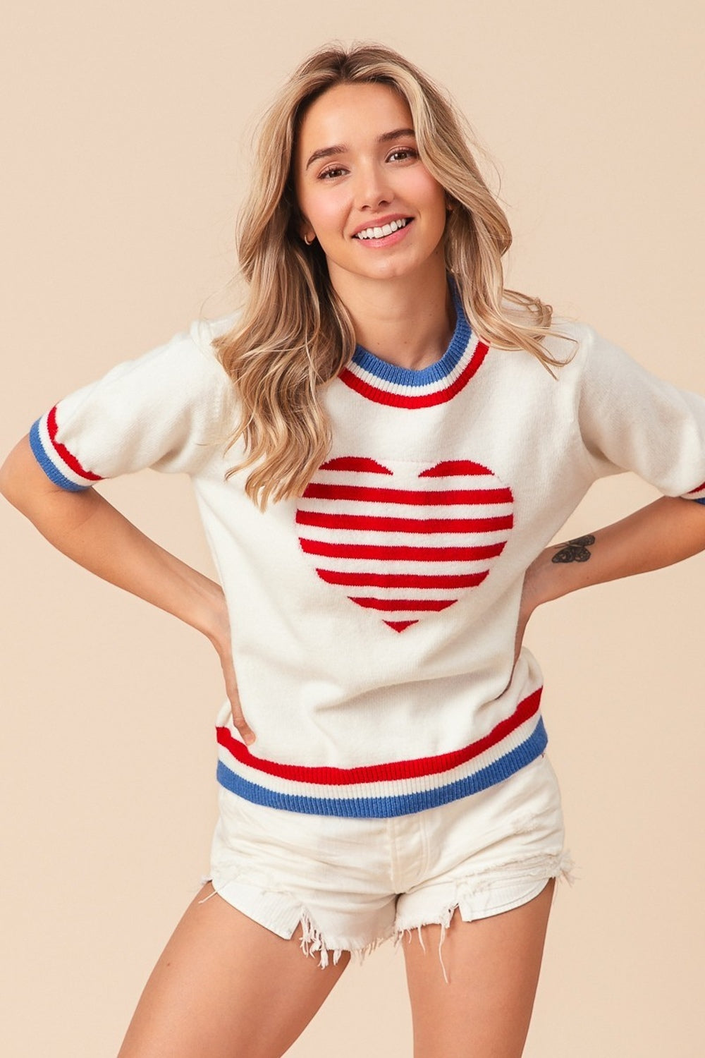 BiBi US Flag Theme Striped Heart Sweater Sunset and Swim Ivory S 