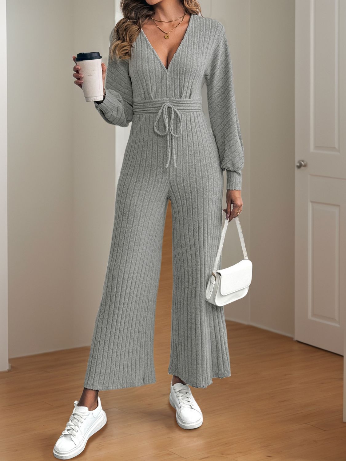 Sunset Vacation V-Neck Long Sleeve Wide Leg Jumpsuit Sunset and Swim   