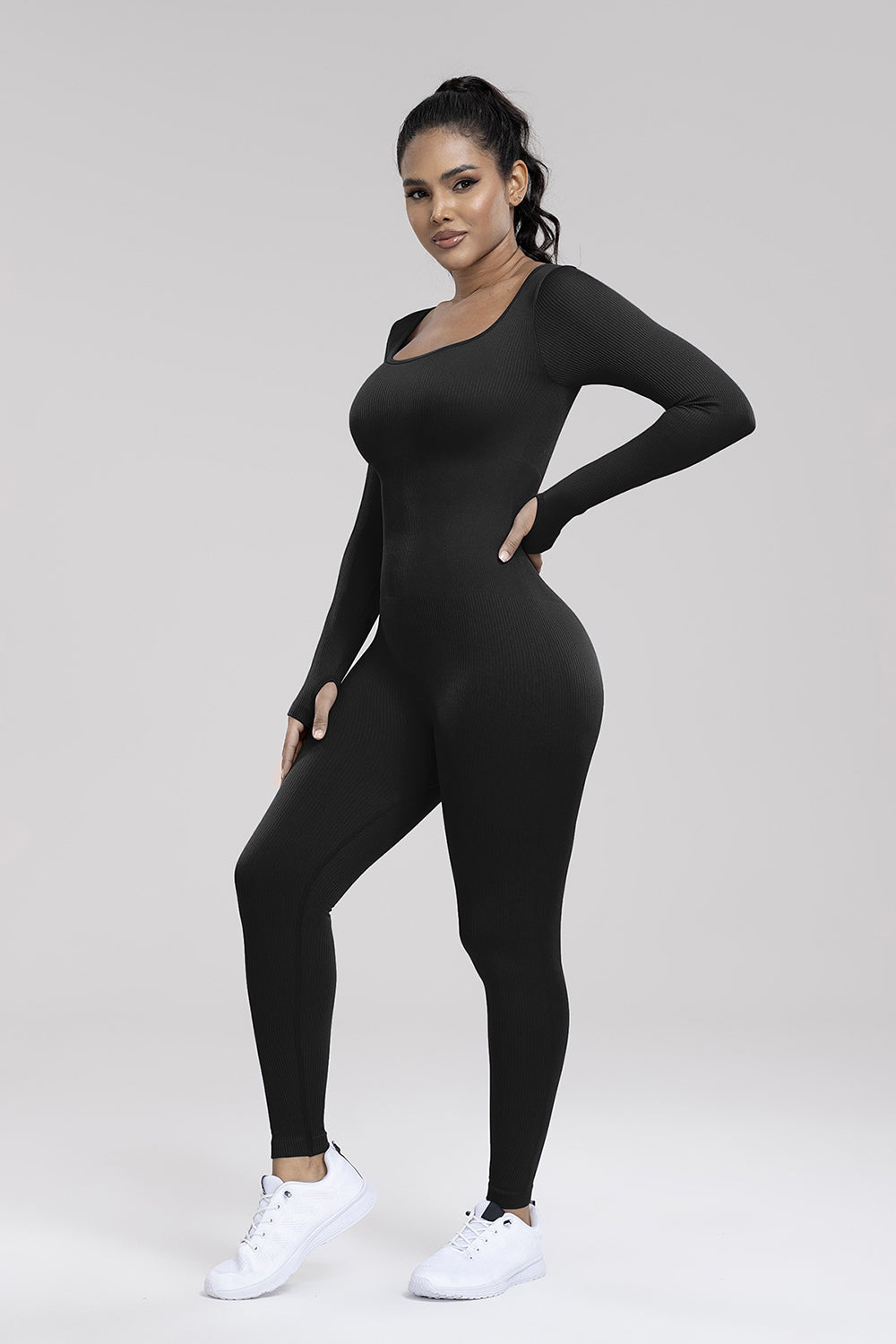 Square Neck Long Sleeve Active Jumpsuit Sunset and Swim   