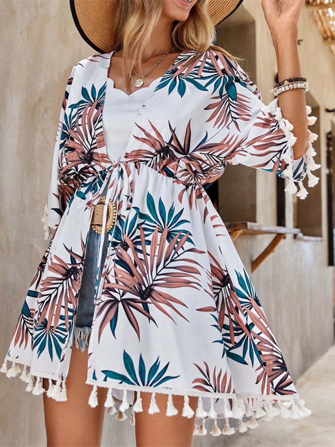 Tassel Tied Printed Half Sleeve Cover Up Sunset and Swim   