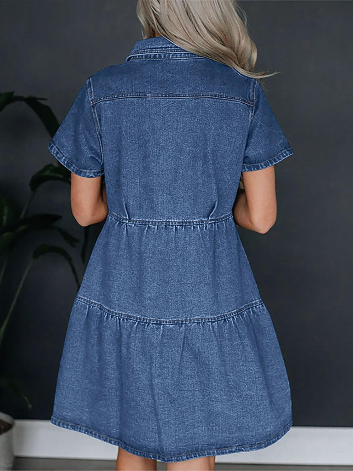 Pocketed Button Up Collared Neck Short Sleeve Denim Dress Sunset and Swim Dusty Blue S 