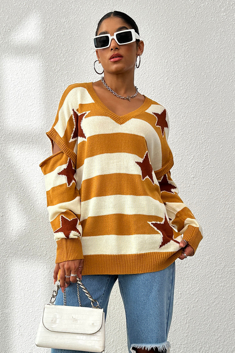 Star Pattern V-Neck Cutout Sweater Sunset and Swim Mustard S 