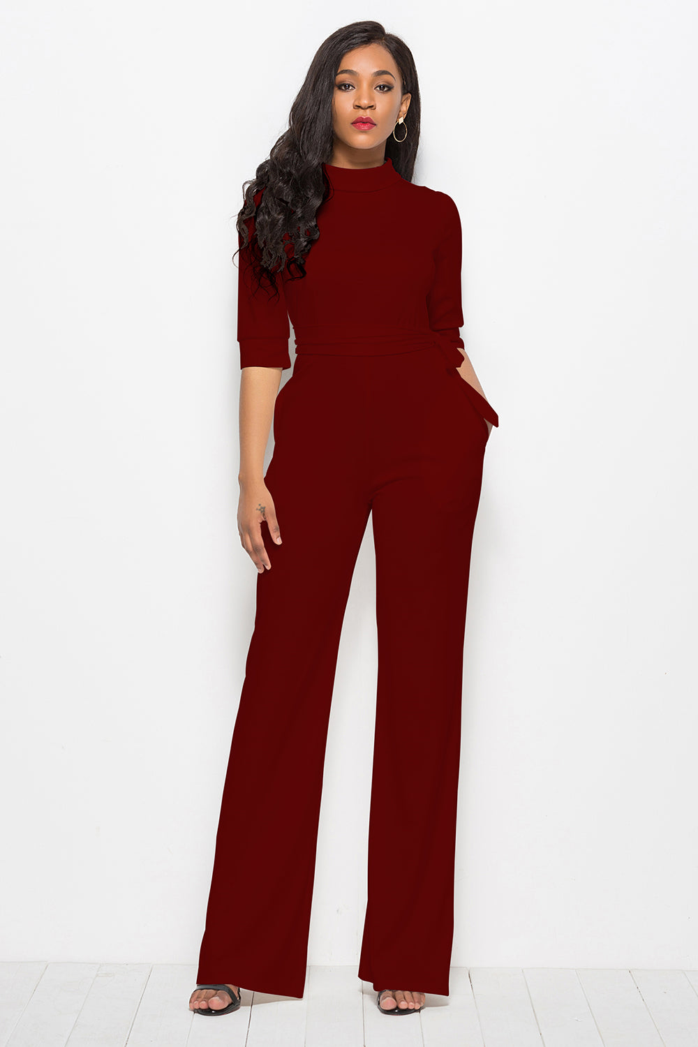 Mock Neck Tie-Waist Half Sleeve Jumpsuit Sunset and Swim   