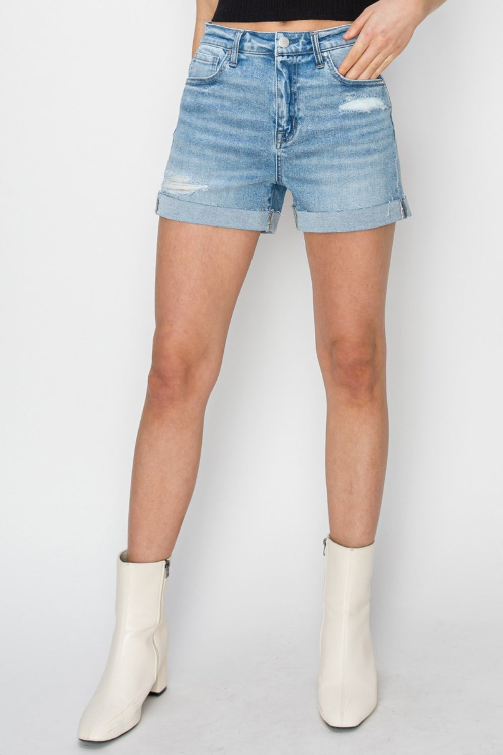 RISEN Distressed Mid-Rise Waist Denim Shorts Sunset and Swim   