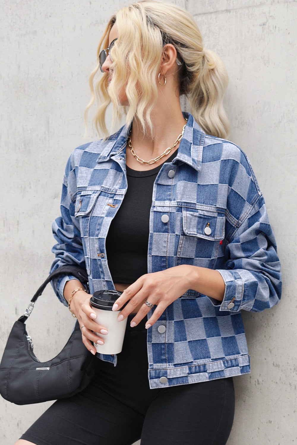 Checkered Button Up Long Sleeve Denim Jacket Sunset and Swim   