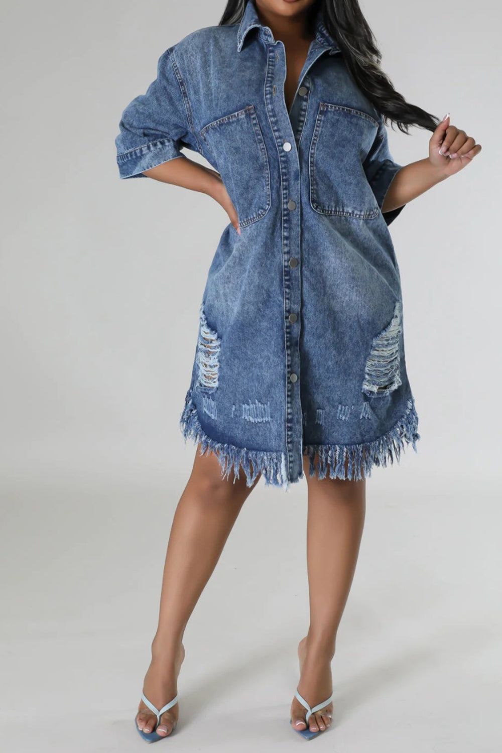 Sunset Vacation  Distressed Raw Hem Button Up Denim Dress Sunset and Swim   