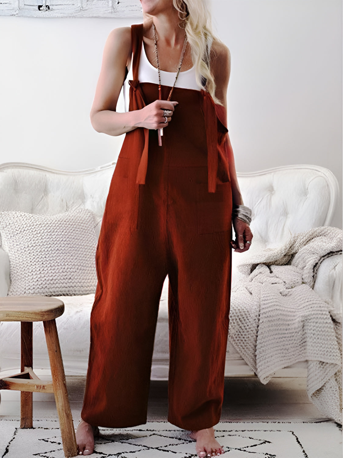 Pocketed Wide Strap Overalls Sunset and Swim Burgundy S 