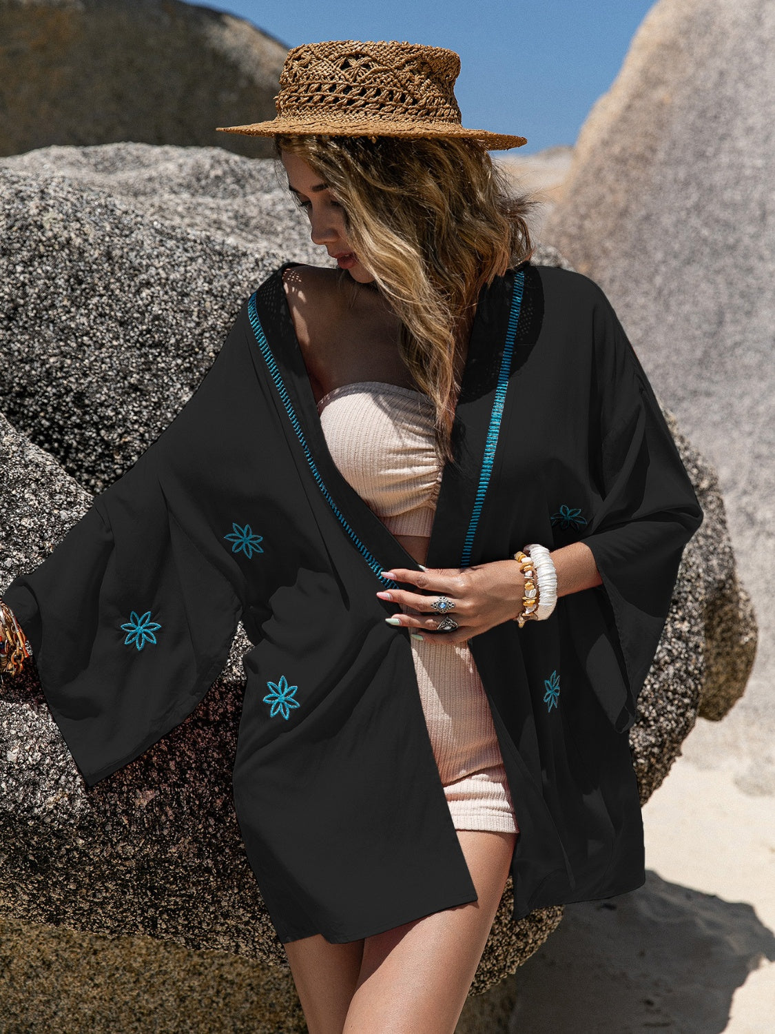 Embroidered Open Front Long Sleeve Cover Up Sunset and Swim   